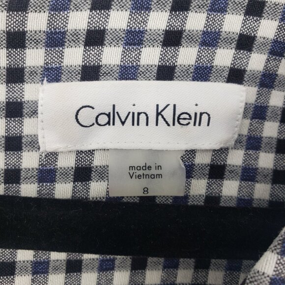 Calvin Klein Gingham Plaid Sheath Dress 8 Cap Sleeves V Neck Black Blue - Picture 3 of 10